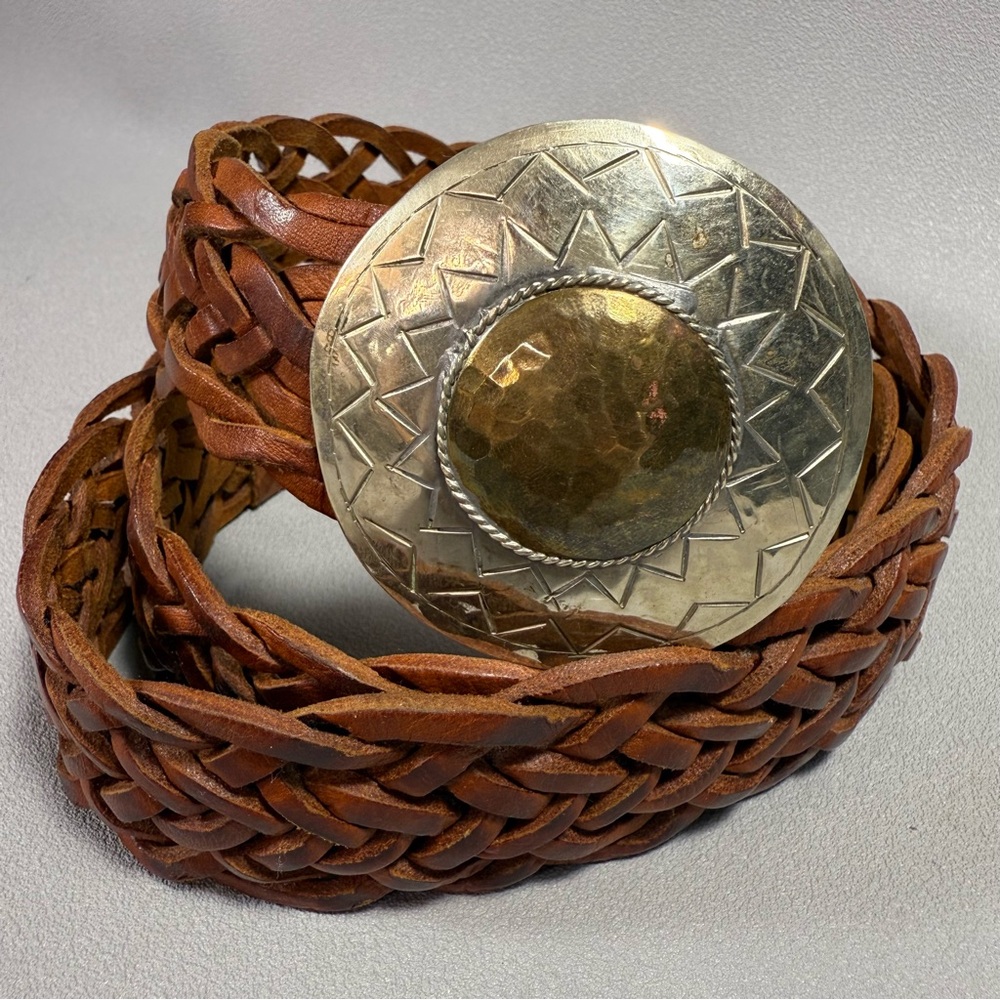 Braided Brown Leather Belt with Round Silver and Gold-Tone Buckle - Picture 3 of 6